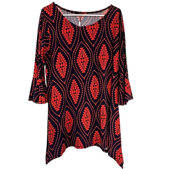 Tops - Flirty Pink - Tunic Top with Pink And Navy Blue Designs, Bell Sleeves, Size XL